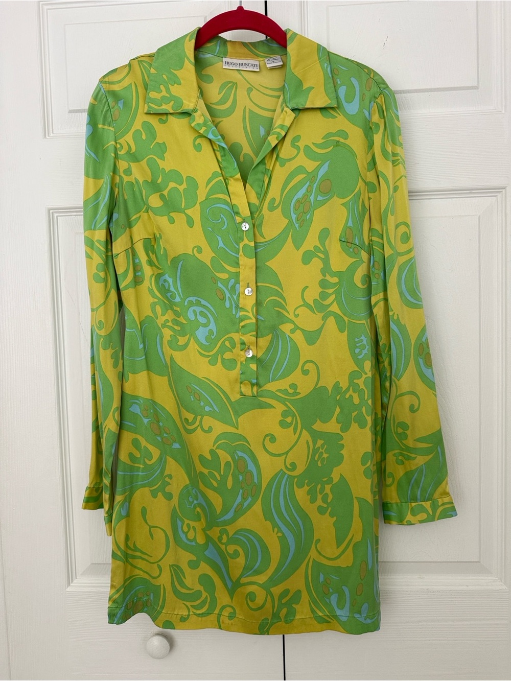 Hugo Buscati Vintage Y2K Lime Green and Teal Long Sleeve Tunic Dress Size 6 Silk - Picture 3 of 11